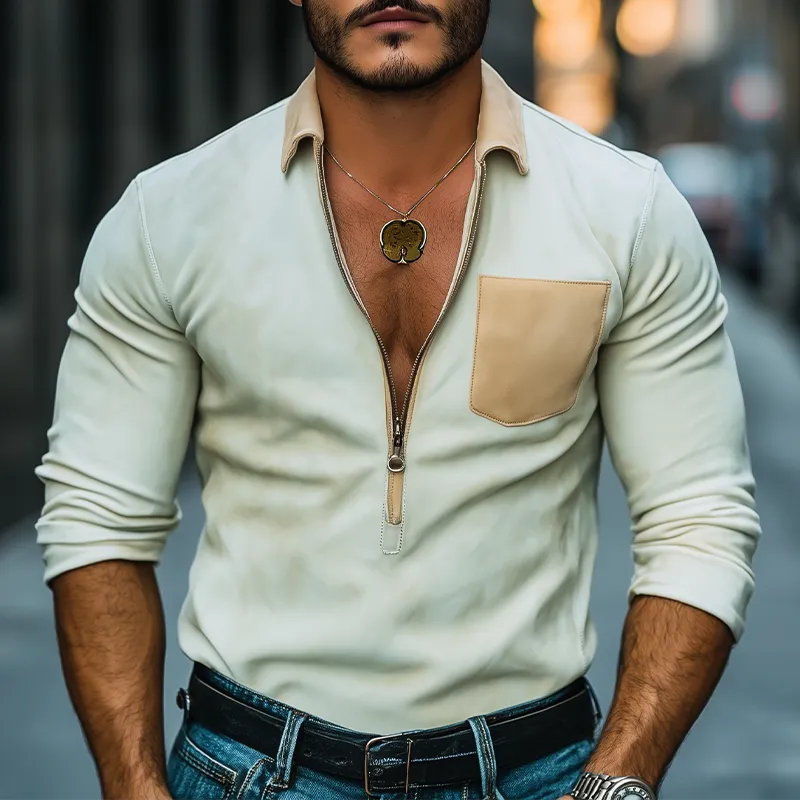 Men's Spring Fashion Casual Deep V Neck Zipper Suede Long Sleeve Shirt MTA0382D7K sold by Manly product image thumbnail 2