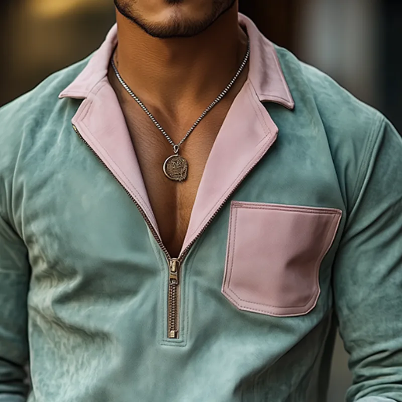 Men's Spring Fashion Casual Contrast Color Stitching Lapel Zipper Suede Long Sleeve Shirt MTA0363D9K sold by Manly product image thumbnail 3