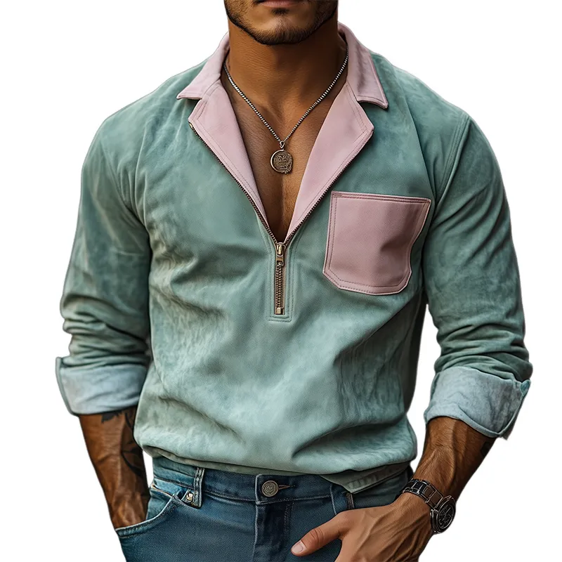 Men's Spring Fashion Casual Contrast Color Stitching Lapel Zipper Suede Long Sleeve Shirt MTA0363D9K sold by Manly