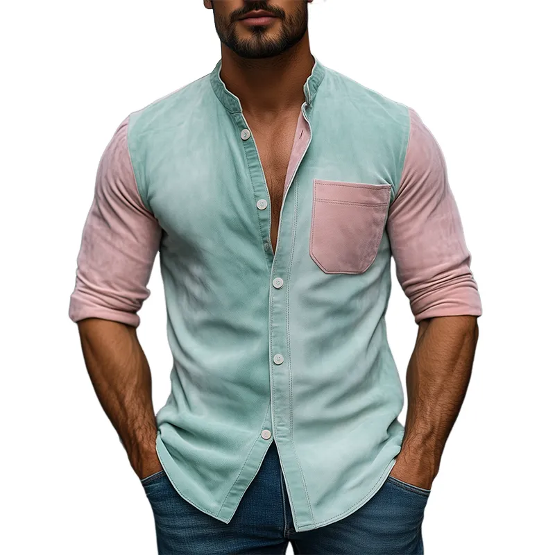 Men's Spring Fashion Casual Contrast Color Stitching Stand Collar Suede Long Sleeve Shirt MTA0321D2K sold by Manly