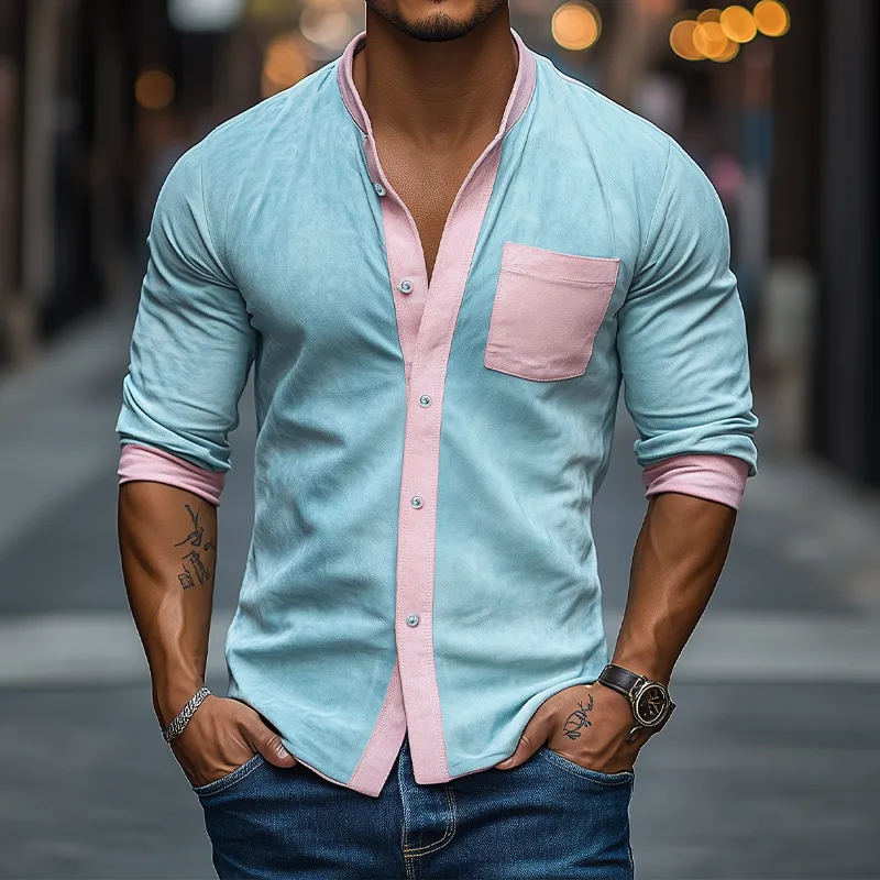 Men's Spring Fashion Casual Slim Contrast Color Stitching Stand Collar Suede Long Sleeve Shirt MTA0359D6K sold by Manly product image thumbnail 2