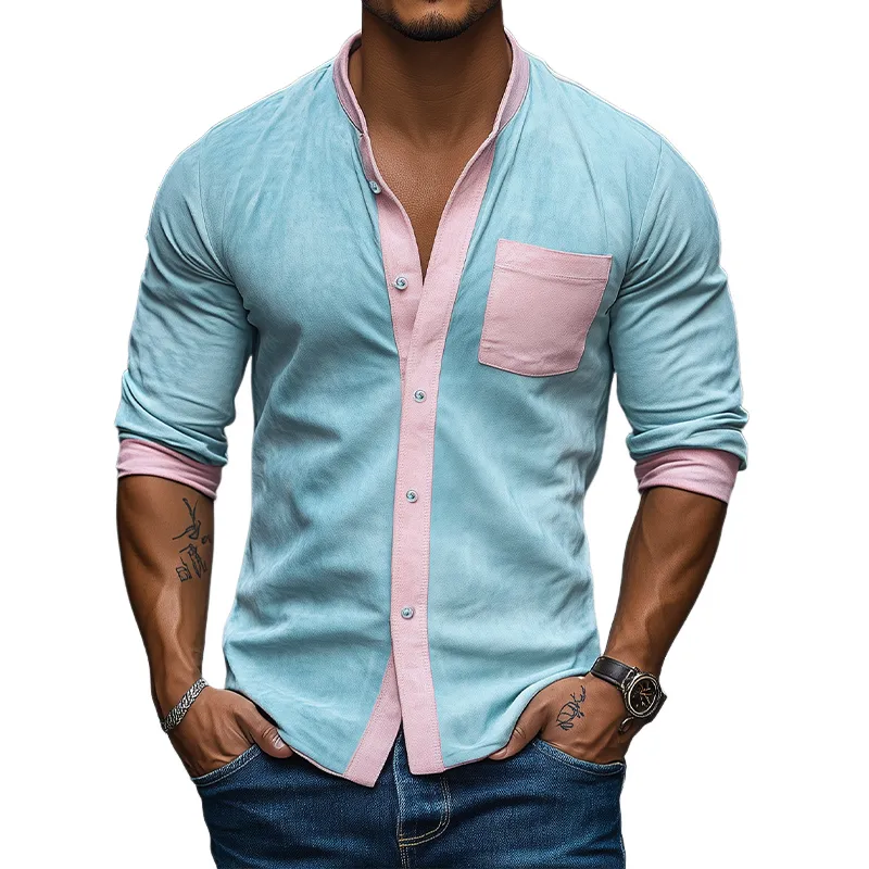 Men's Spring Fashion Casual Slim Contrast Color Stitching Stand Collar Suede Long Sleeve Shirt MTA0359D6K sold by Manly