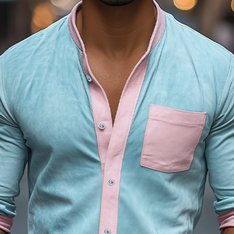 Men's Spring Fashion Casual Slim Contrast Color Stitching Stand Collar Suede Long Sleeve Shirt MTA0359D6K sold by Manly product image thumbnail 3