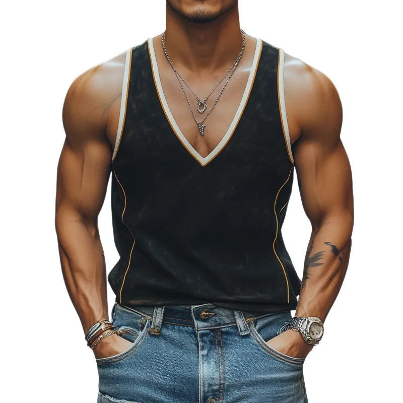 Men's Summer Fashion Casual Deep V-neck Contrast Color Stitching Suede Tank Top MTA0335D5K sold by Manly