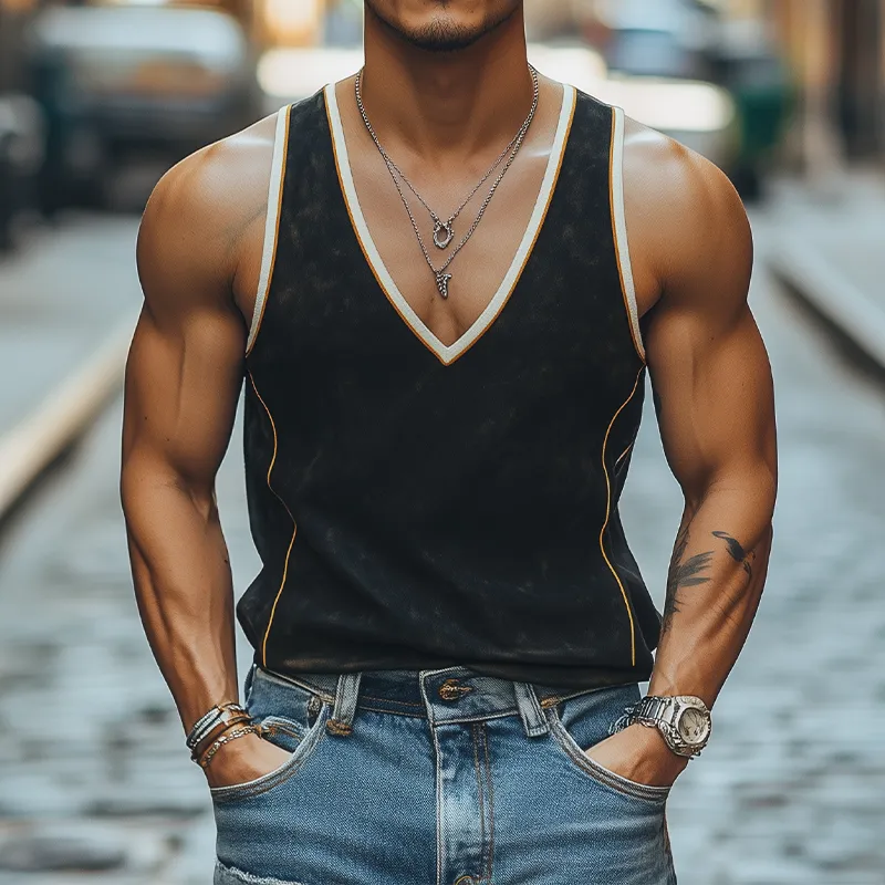 Men's Summer Fashion Casual Deep V-neck Contrast Color Stitching Suede Tank Top MTA0335D5K sold by Manly product image thumbnail 2