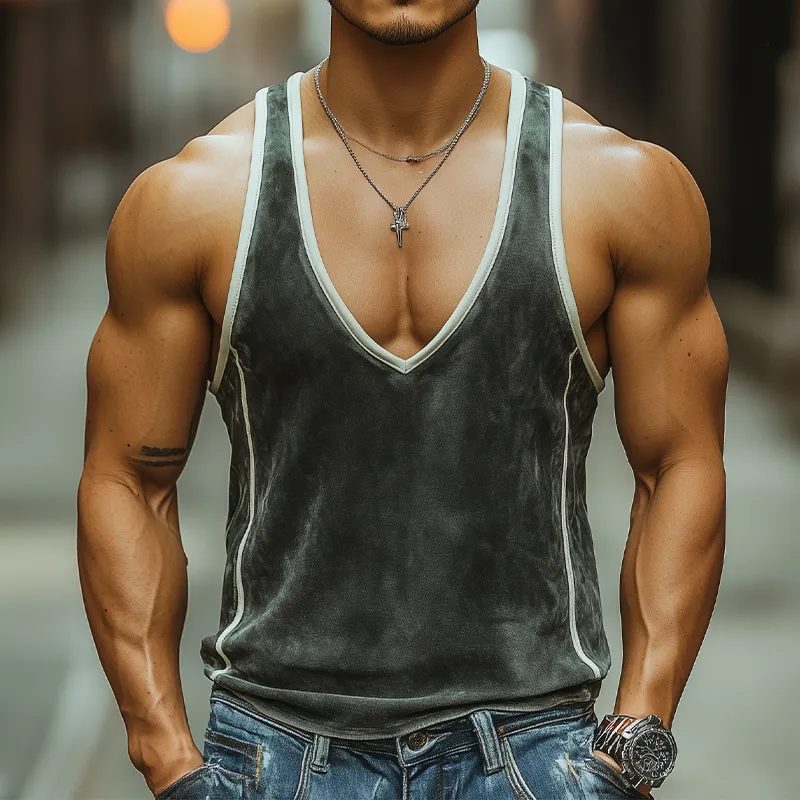 Men's Summer Fashion Personality Leisure Deep V-neck Stitching Suede Tank Top MTA0320D8K sold by Manly product image thumbnail 2