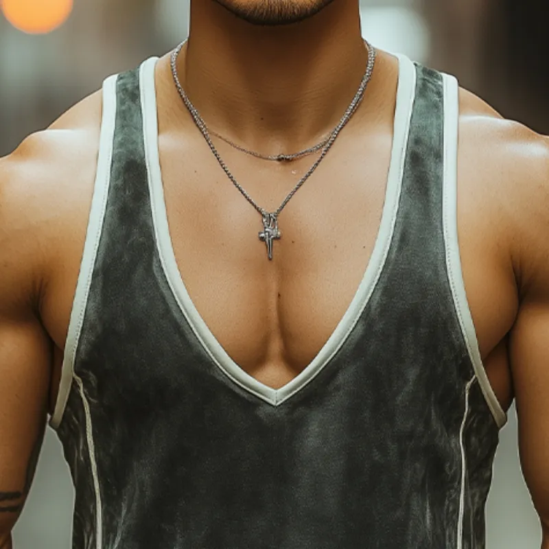 Men's Summer Fashion Personality Leisure Deep V-neck Stitching Suede Tank Top MTA0320D8K sold by Manly product image thumbnail 3