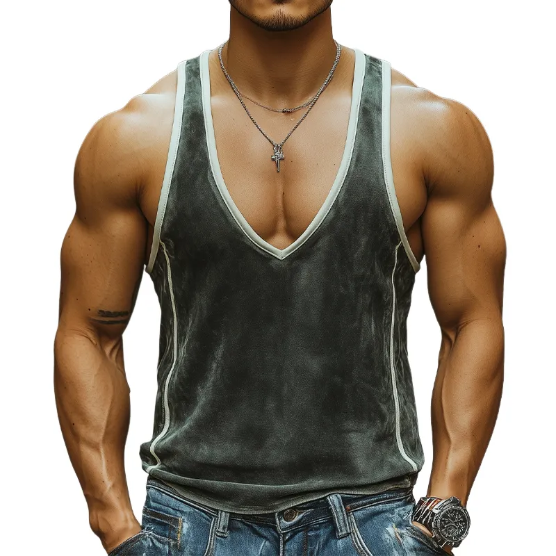 Men's Summer Fashion Personality Leisure Deep V-neck Stitching Suede Tank Top MTA0320D8K sold by Manly