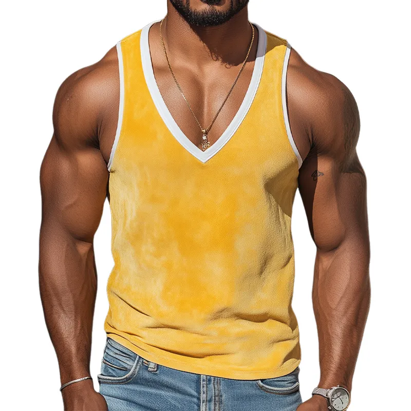 Men's Summer Fashion Personality Leisure Deep V-neck Bright Color Stitching Suede Tank Top MTA0384D5K sold by Manly