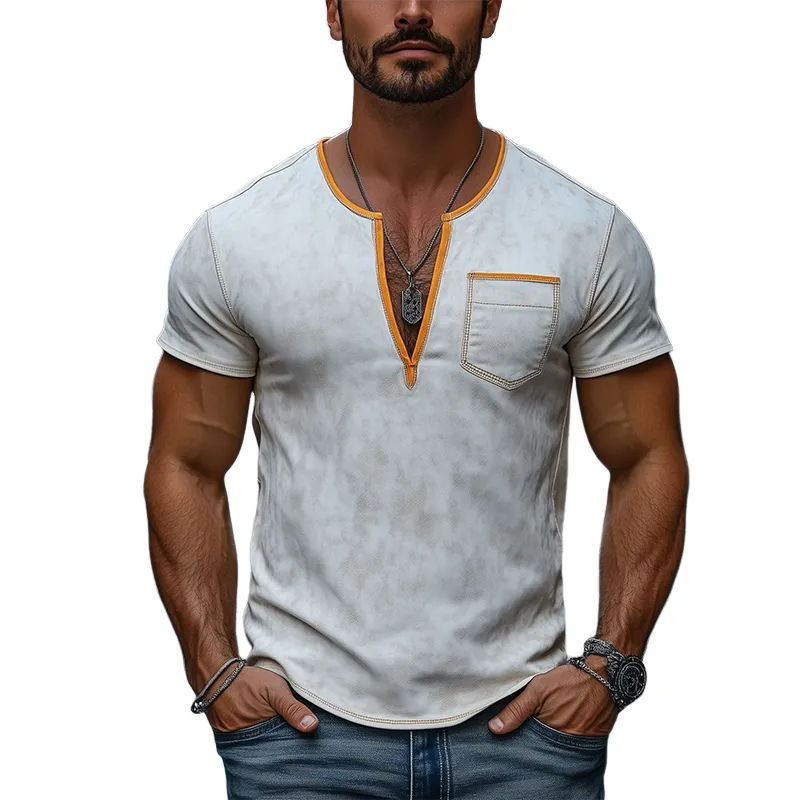 Men's Fashion Slim Casual Deep V-Neck Textured Suede Short Sleeve T-Shirt MTA0312D4K sold by Manly