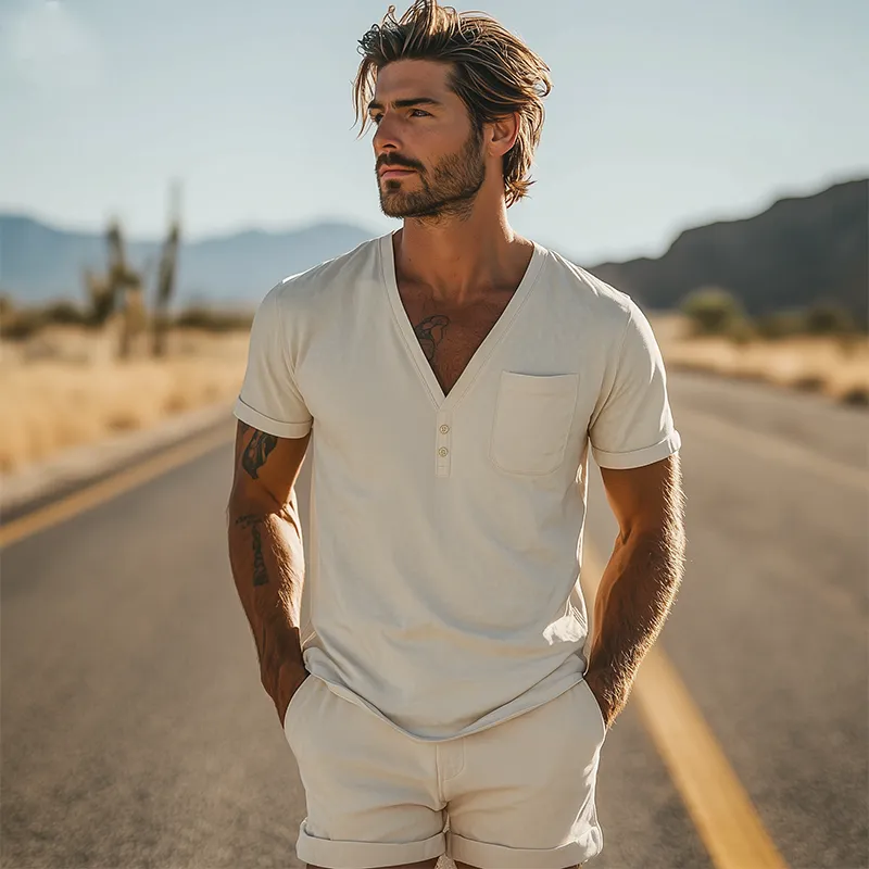 Men's Spring Fashion Casual Suede V-neck Short-sleeved T-shirt MTA0323D5K sold by Manly product image thumbnail 3