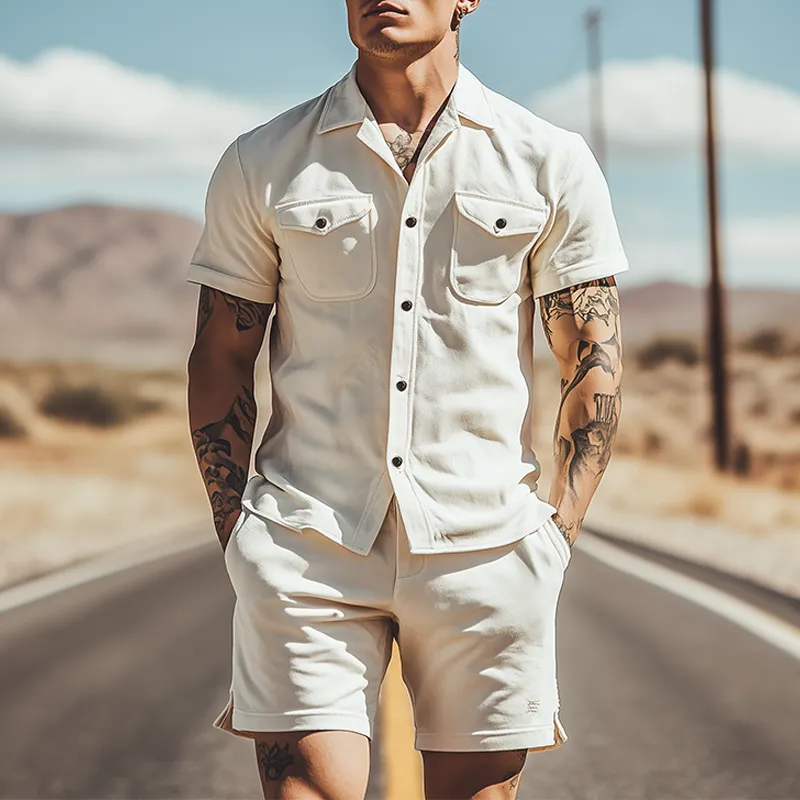 Men's Spring Fashion Casual Suede Short Sleeve Shirt Length to Knee Shorts Set MTA0322D2K sold by Manly product image thumbnail 2