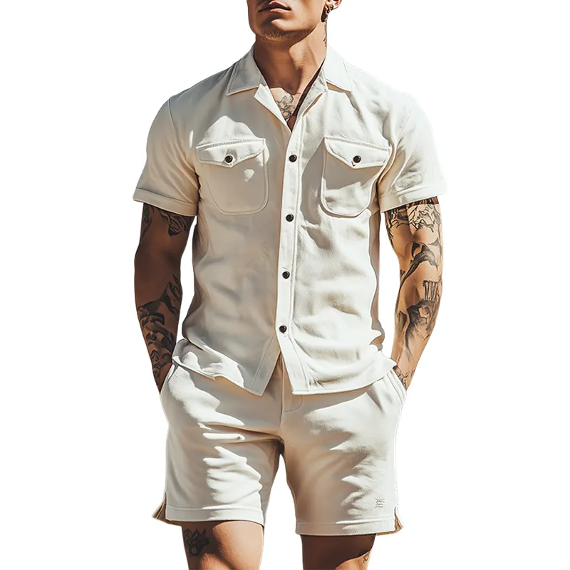 Men's Spring Fashion Casual Suede Short Sleeve Shirt Length to Knee Shorts Set MTA0322D2K sold by Manly