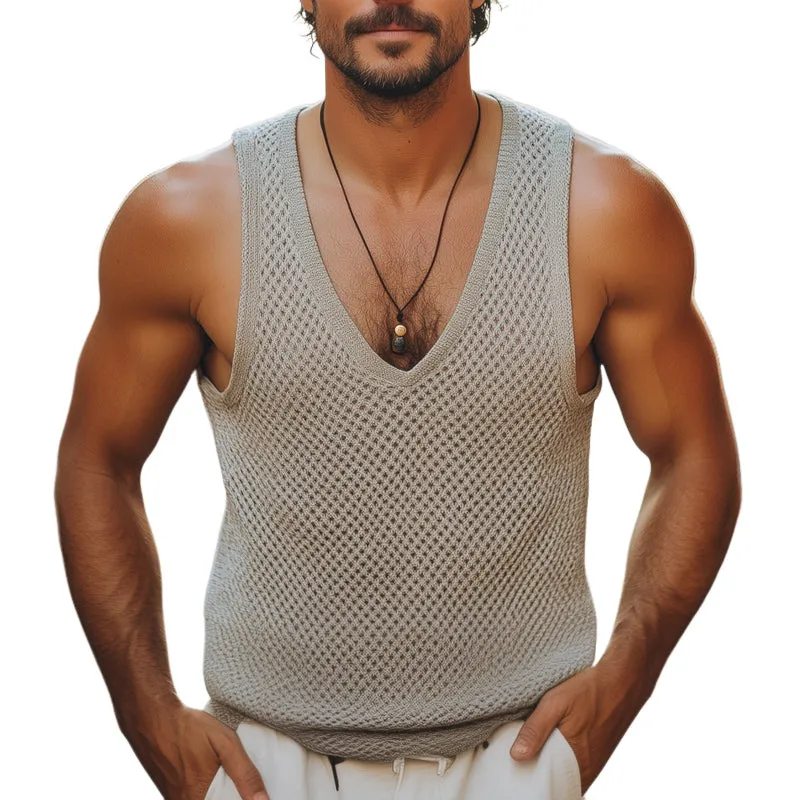 Men's Summer Basic V-neck Mesh Knitted Casual Tank Top MTA0377D2U sold by Manly