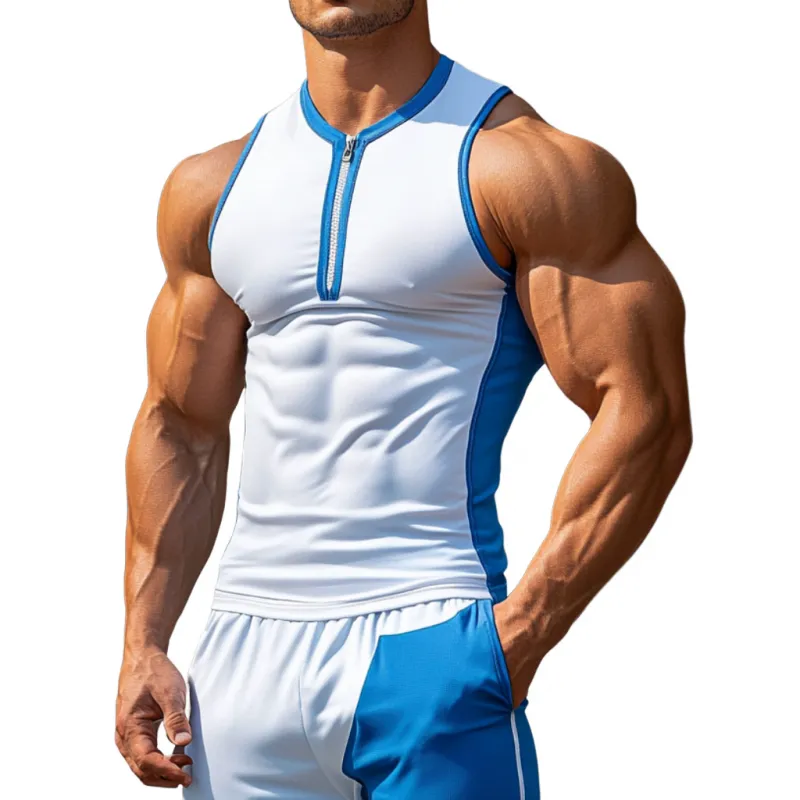 Men's Casual Round Neck Contrast Color Patchwork Zipper Collar Slim Fit Sports Tank Top MTA1831C8M sold by Manly