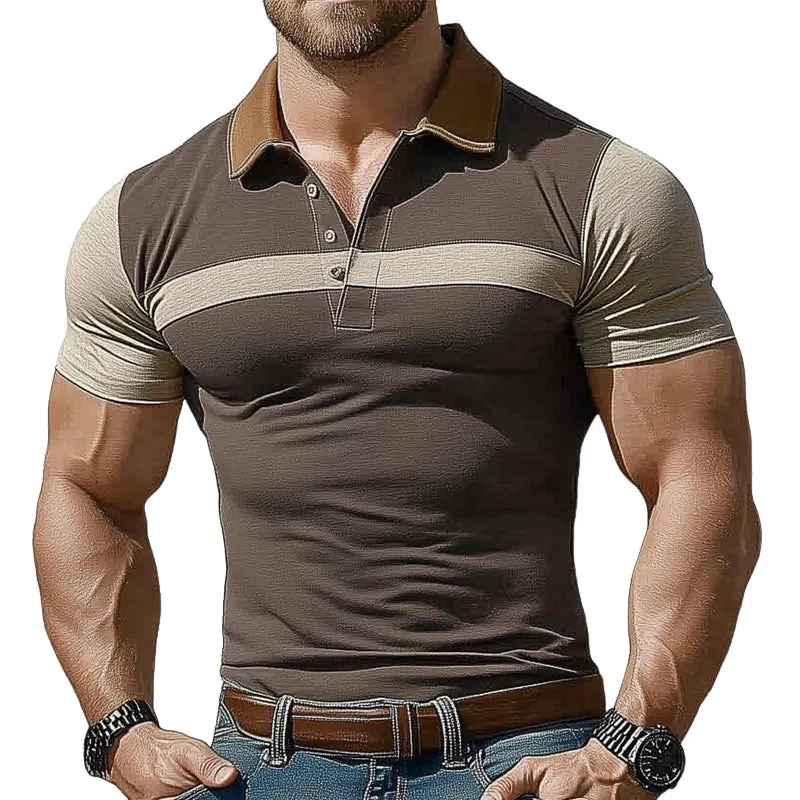 Men's Summer Brown Polo Collar Colorblock Stretch Slim Fit T-Shirt MTA0259D7U sold by Manly