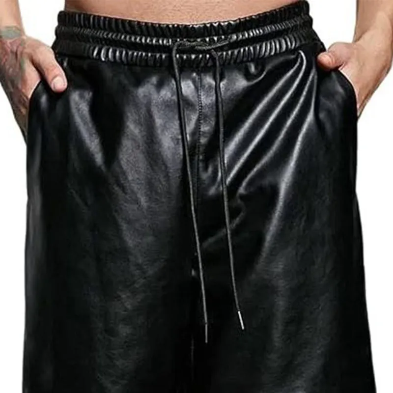 Men's Summer Basic Loose Pure Black PU Leather Shorts MTA0273D9U sold by Manly product image thumbnail 3