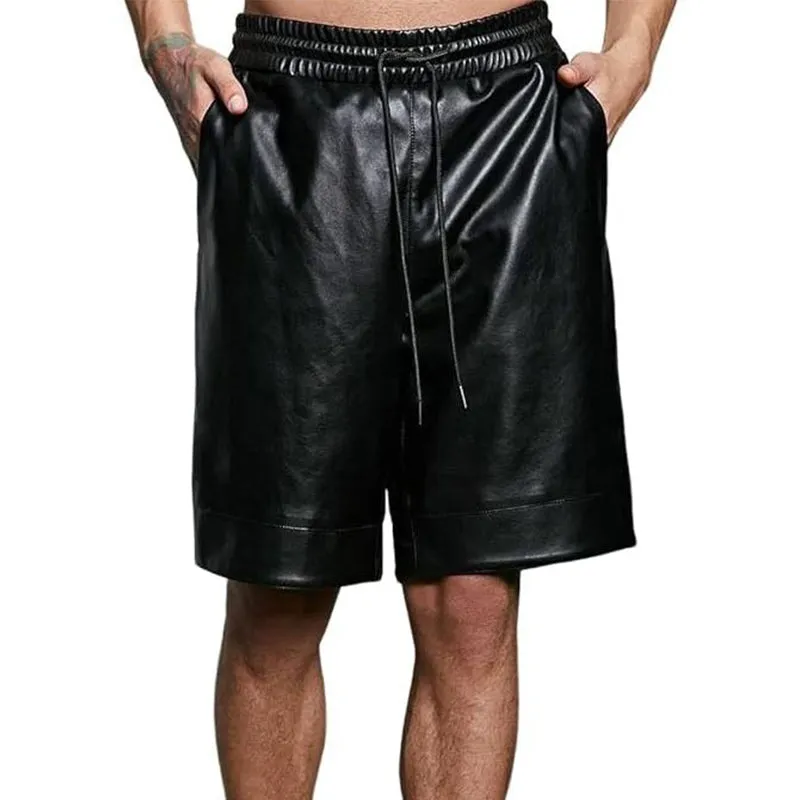 Men's Summer Basic Loose Pure Black PU Leather Shorts MTA0273D9U sold by Manly