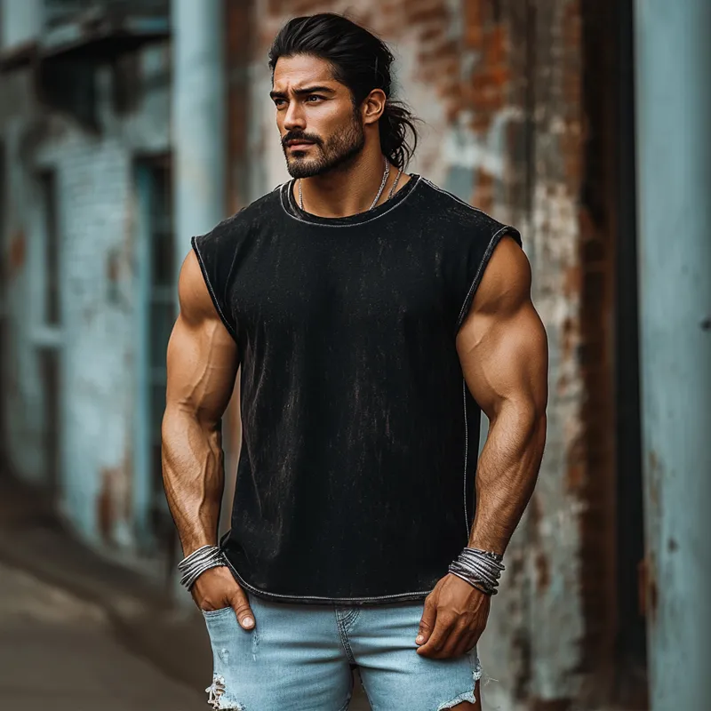 Men's Vintage Denim Heavy Wash Loose Round Neck Tank Top MTA1870C9M sold by Manly product image thumbnail 3