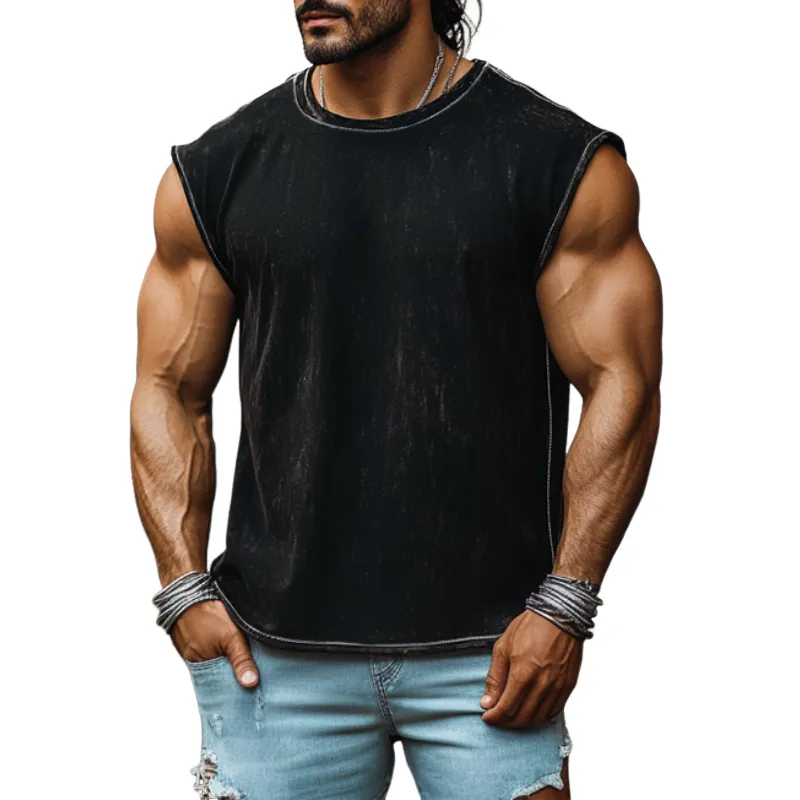 Men's Vintage Denim Heavy Wash Loose Round Neck Tank Top MTA1870C9M sold by Manly