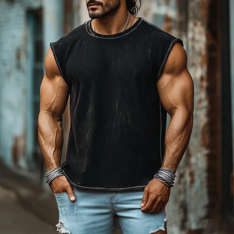 Men's Vintage Denim Heavy Wash Loose Round Neck Tank Top MTA1870C9M sold by Manly product image thumbnail 2