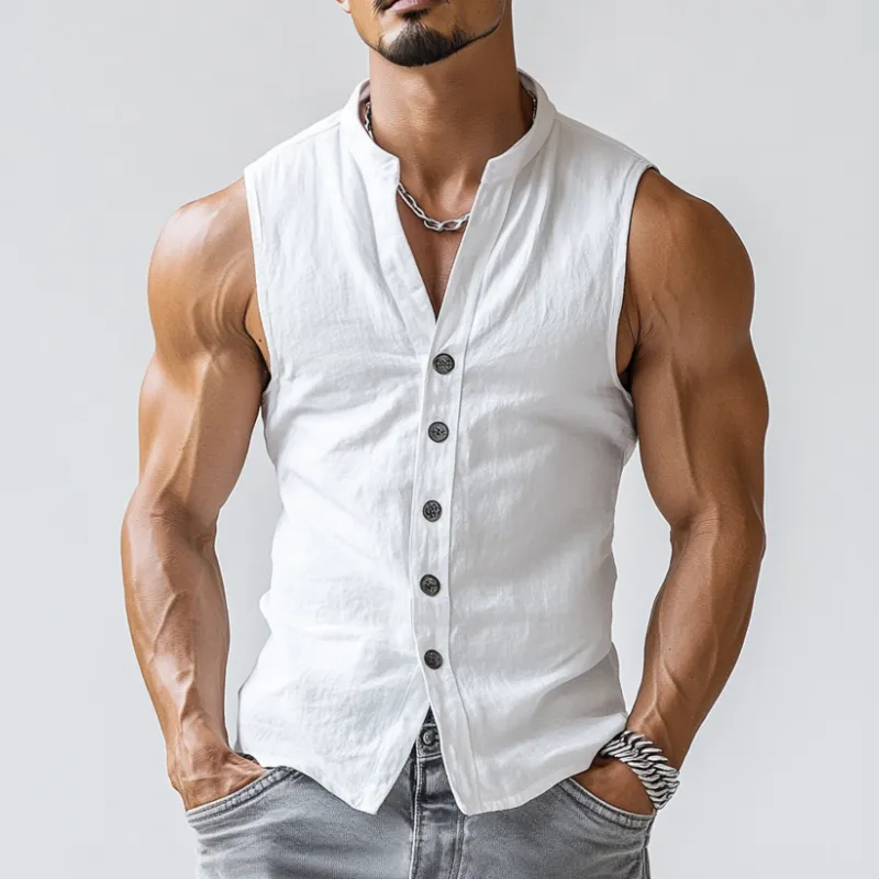 【24-hour shipping out】Men's Casual Comfort Cotton Stand Collar Single Breasted Sleeveless Shirt MTA0203D3M sold by Manly product image thumbnail 2