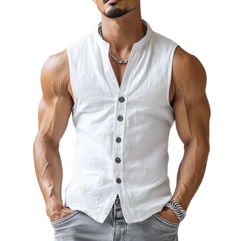【24-hour shipping out】Men's Casual Comfort Cotton Stand Collar Single Breasted Sleeveless Shirt MTA0203D3M sold by Manly