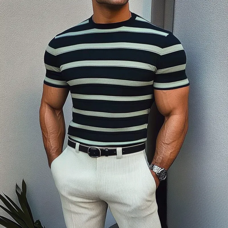 Men's Casual Contrast Color Striped Round Neck Slim Fit Knitted Short Sleeve Sweater T-Shirt MTA2519C9M sold by Manly product image thumbnail 2