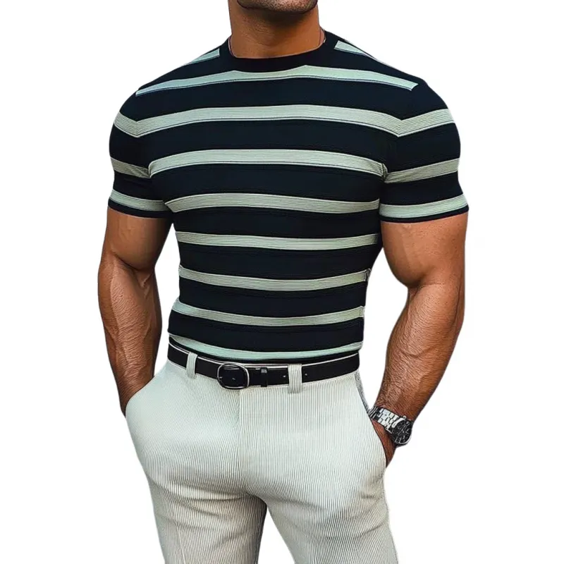 Men's Casual Contrast Color Striped Round Neck Slim Fit Knitted Short Sleeve Sweater T-Shirt MTA2519C9M sold by Manly