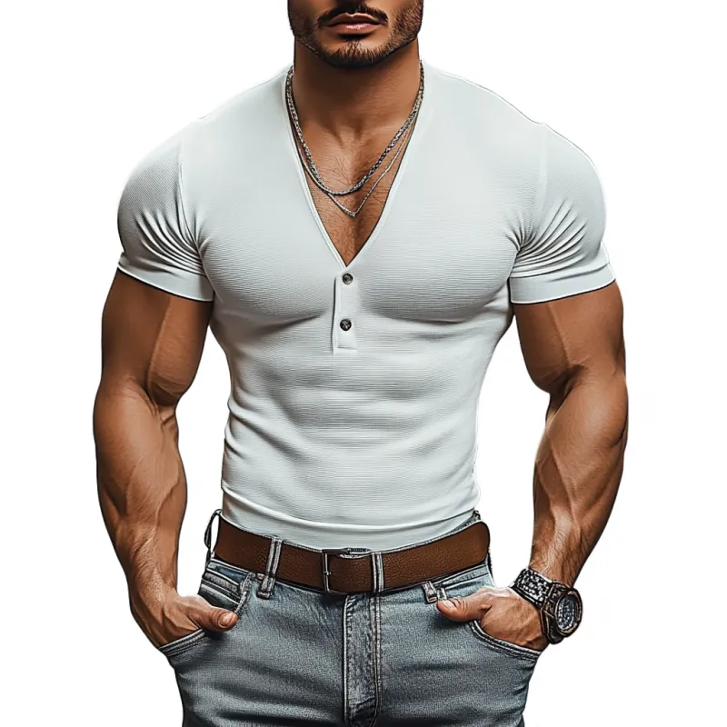 Men's Casual V-neck Button Cotton Blend Slim Fit Short Sleeve T-Shirt MTA0269D5M sold by Manly