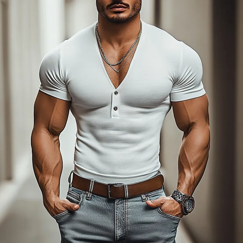 Men's Casual V-neck Button Cotton Blend Slim Fit Short Sleeve T-Shirt MTA0269D5M sold by Manly product image thumbnail 2