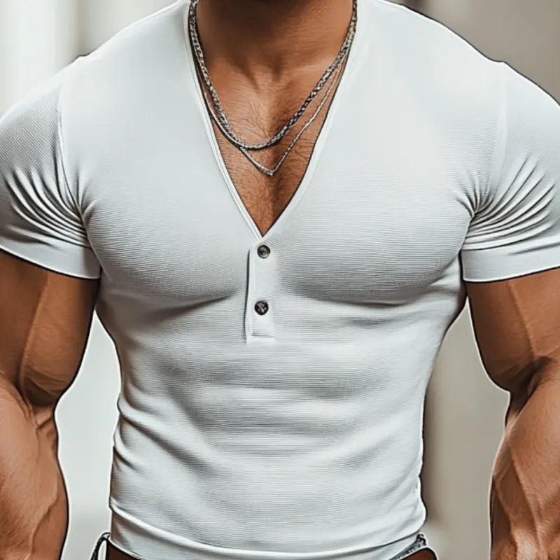 Men's Casual V-neck Button Cotton Blend Slim Fit Short Sleeve T-Shirt MTA0269D5M sold by Manly product image thumbnail 3