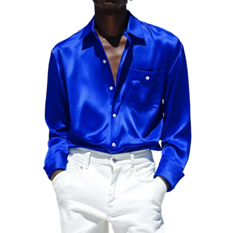 Men's Vintage Satin Lapel Patch Pocket Loose Long Sleeve Shirt MTA0286D0M sold by Manly