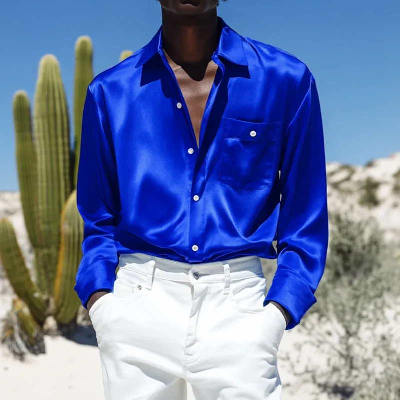 Men's Vintage Satin Lapel Patch Pocket Loose Long Sleeve Shirt MTA0286D0M sold by Manly product image thumbnail 2