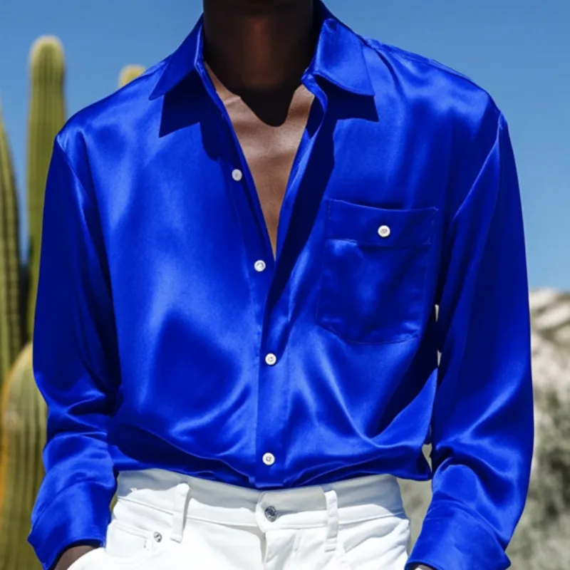 Men's Vintage Satin Lapel Patch Pocket Loose Long Sleeve Shirt MTA0286D0M sold by Manly product image thumbnail 3