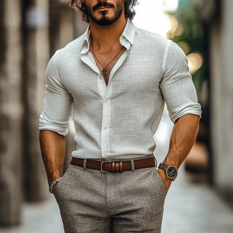 Men's Casual Cotton Linen Lapel Single Breasted Slim Fit Long Sleeve Shirt MTA3115C0M sold by Manly product image thumbnail 2