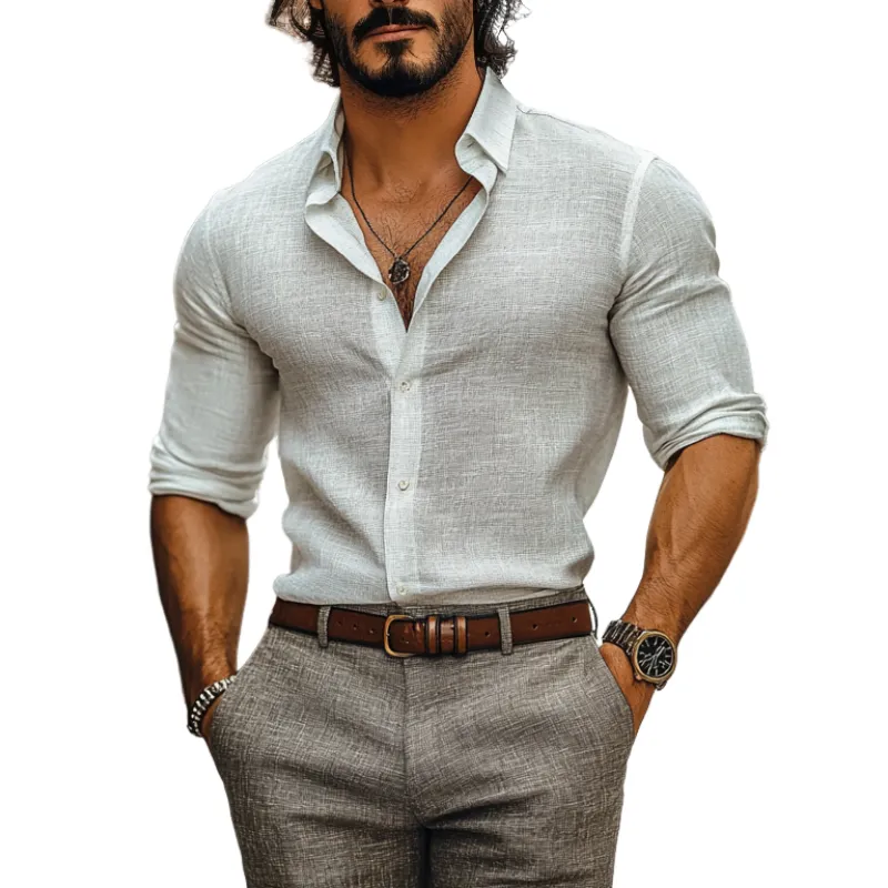Men's Casual Cotton Linen Lapel Single Breasted Slim Fit Long Sleeve Shirt MTA3115C0M sold by Manly