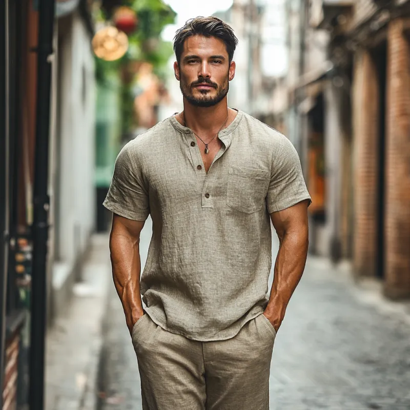 Men's Casual Linen Henley Collar Patch Pocket Loose Short Sleeve Shirt MTA2157C7M sold by Manly product image thumbnail 3