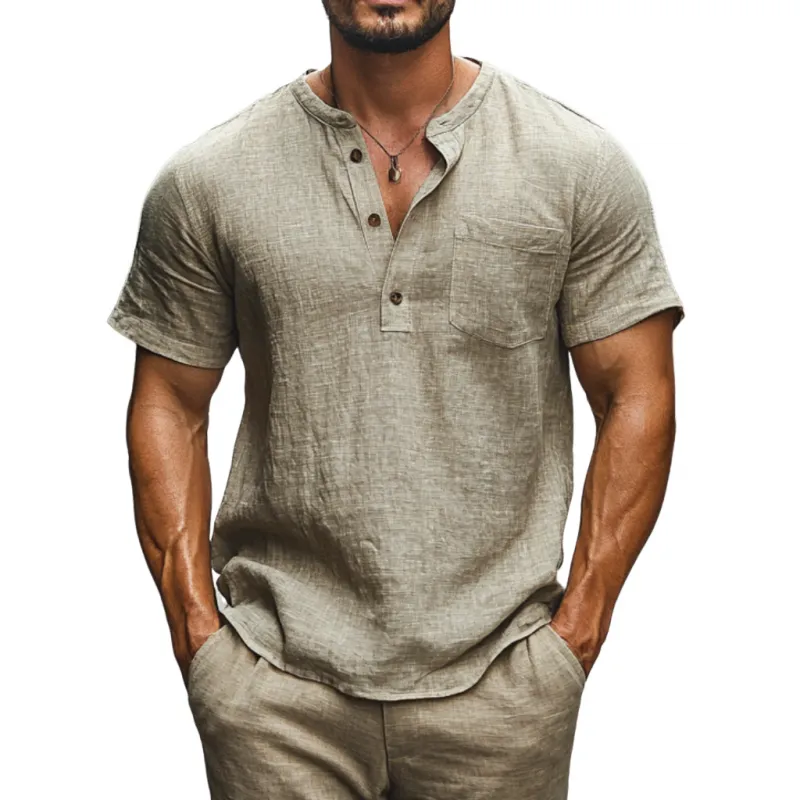 Men's Casual Linen Henley Collar Patch Pocket Loose Short Sleeve Shirt MTA2157C7M sold by Manly