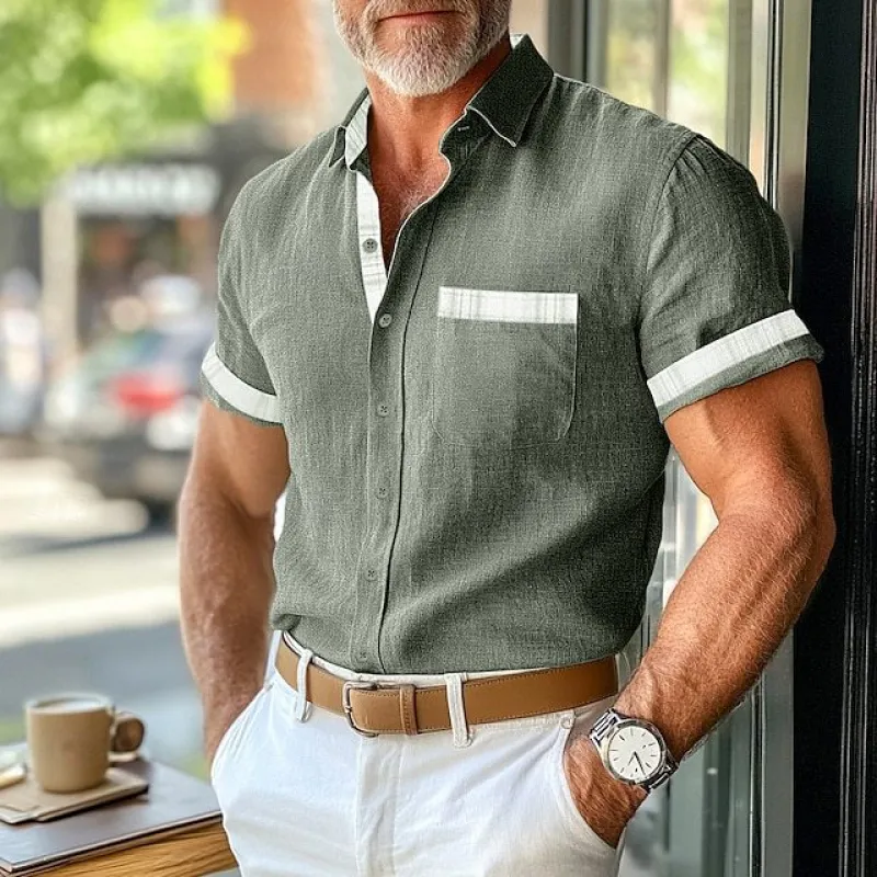 Men's Casual Cotton Linen Plaid Patchwork Lapel Slim Short-Sleeved Shirt MTA3116C3M sold by Manly product image thumbnail 2