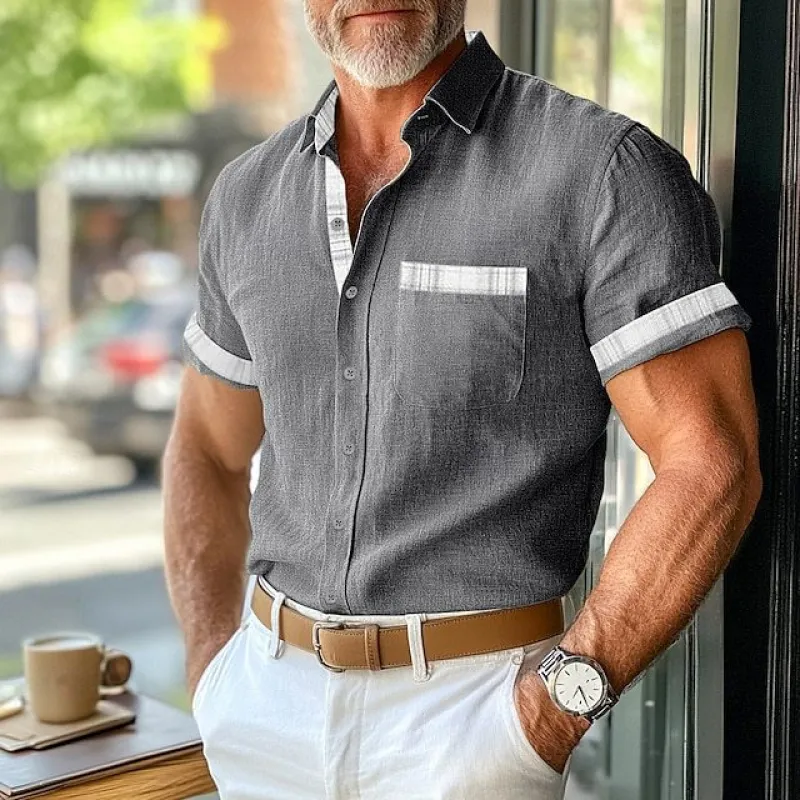 Men's Casual Cotton Linen Plaid Patchwork Lapel Slim Short-Sleeved Shirt MTA3116C3M sold by Manly product image thumbnail 4