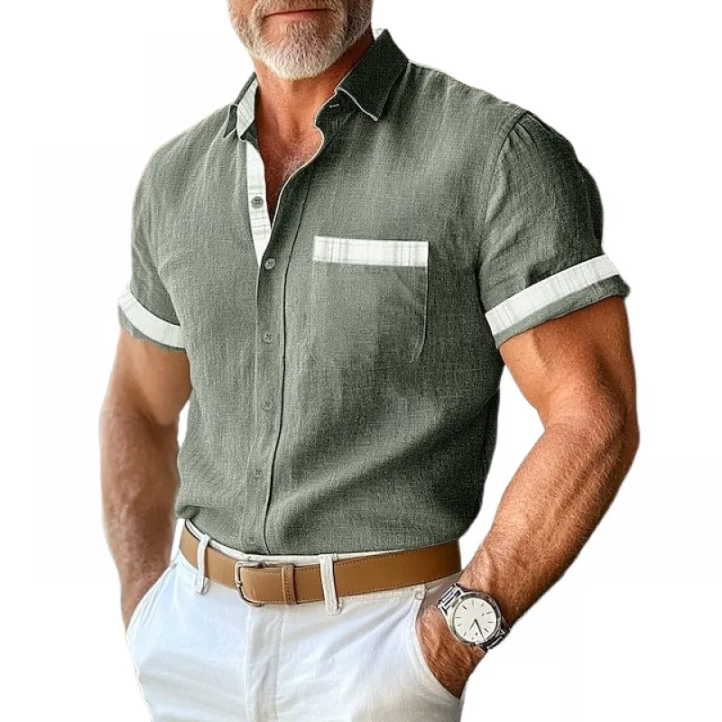 Men's Casual Cotton Linen Plaid Patchwork Lapel Slim Short-Sleeved Shirt MTA3116C3M sold by Manly