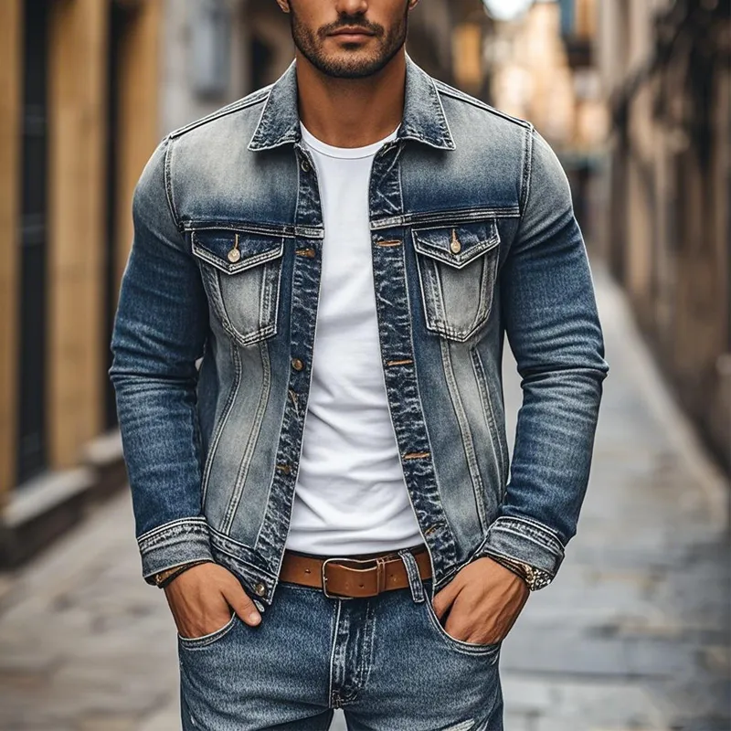 Men's Vintage Denim Heavy Wash Lapel Single Breasted Slim Fit Jacket MTA0222D8M sold by Manly product image thumbnail 2