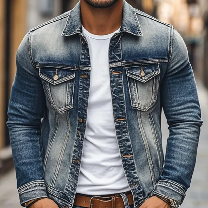 Men's Vintage Denim Heavy Wash Lapel Single Breasted Slim Fit Jacket MTA0222D8M sold by Manly product image thumbnail 3