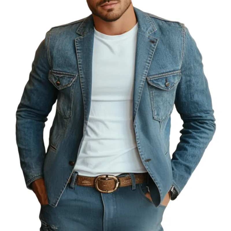 Men's Retro Notched Lapel Denim Single Breasted Multi-Pocket Slim Fit Blazer  MTA0220D2M sold by Manly