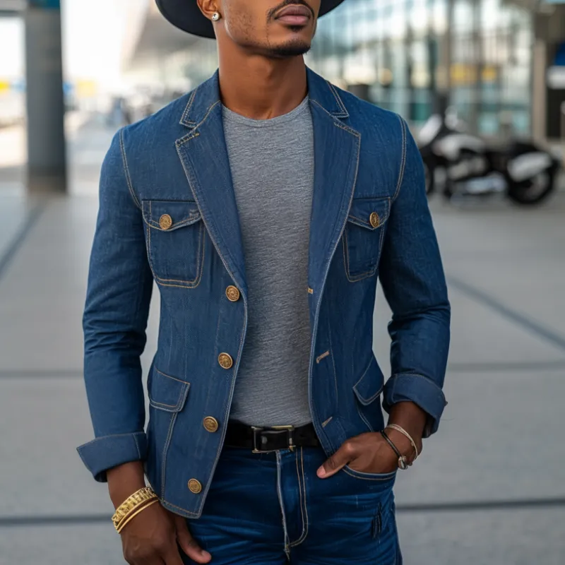 Men's Retro Notched Lapel Denim Single Breasted Multi-Pocket Slim Fit Blazer MTA0266D7M sold by Manly product image thumbnail 2