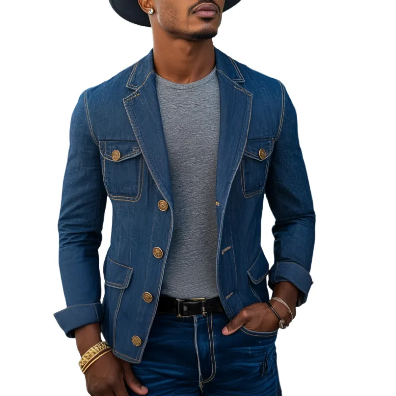 Men's Retro Notched Lapel Denim Single Breasted Multi-Pocket Slim Fit Blazer MTA0266D7M sold by Manly