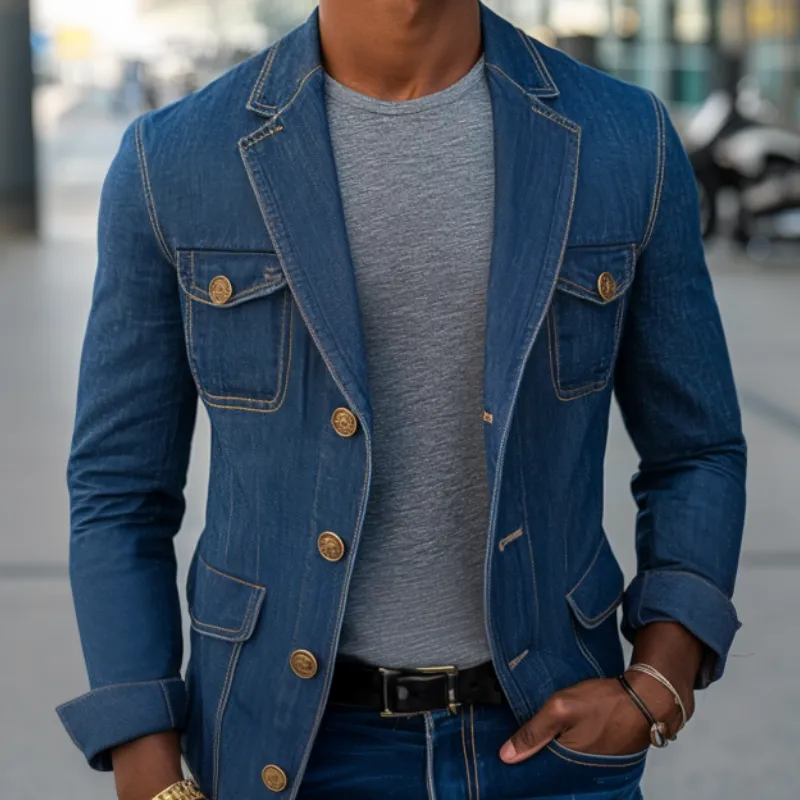 Men's Retro Notched Lapel Denim Single Breasted Multi-Pocket Slim Fit Blazer MTA0266D7M sold by Manly product image thumbnail 3