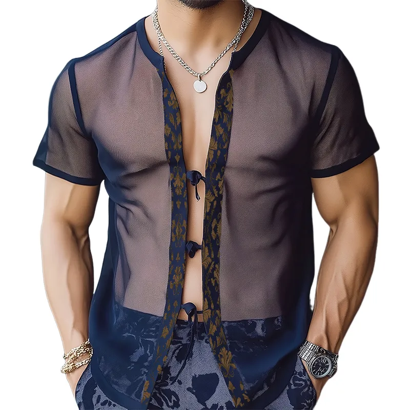 Men's Retro Casual Baroque Print Mesh Tie Short Sleeve Shirt MTA0251D8TO sold by Manly