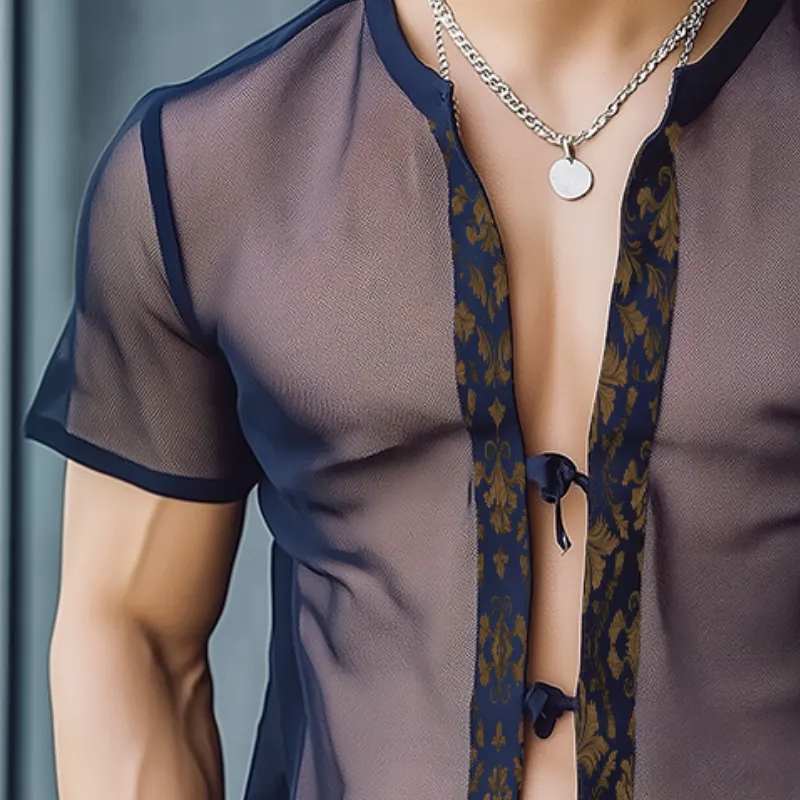 Men's Retro Casual Baroque Print Mesh Tie Short Sleeve Shirt MTA0251D8TO sold by Manly product image thumbnail 3